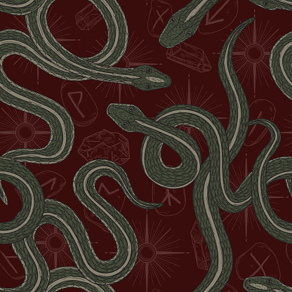 A seamless patterned background perfect for budding spellcasters. Featuring snakes, runes, stars, and gem stones. Witchcore, dark academia, spooky vibes aplenty. Background is separated with global colours, easy to change up.