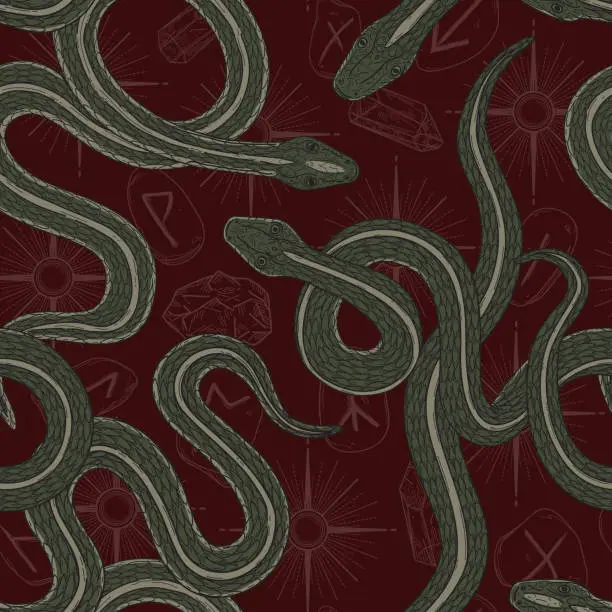 Vector illustration of Snakes with Witchy Dark Academia Seamless Patterned Background with Runes, Gems, and Stars
