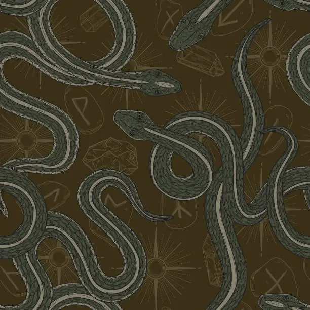 Vector illustration of Snakes with Witchy Dark Academia Seamless Patterned Background with Runes, Gems, and Stars