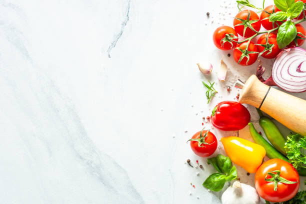 istock Food cooking background on white marble table. 1649179721