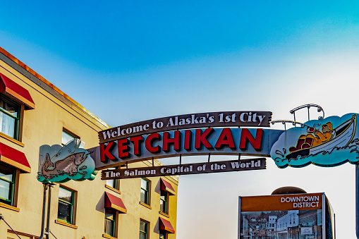 Ketchikan, USA - July 28, 2023: Welcome sign located in downtown Ketchikan's main street, Ketchikan, Alaska, USA.