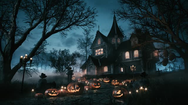 Spooky house on halloween night. Haunted house in night scary forest