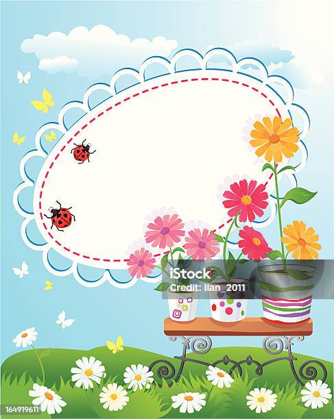 Летняя Рамка С Flowers In Pots — стоковая векторная графика и другие изображения на тему Бабочка - Бабочка, Божья коровка, Ваза