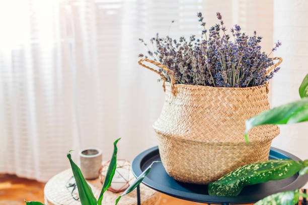 istock Contemporary boho house decor. Wicker basket filled with lavender bandle on table. Cozy interior in ethnic eco style. 1649203172