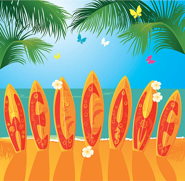 夏のホリデーカード付き surfboards テキストへ��ようこそ。 - text surfing surf palm tree点のイラスト素材／クリップアート素材／マンガ素材／アイコン素材