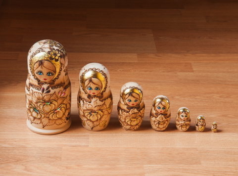 Matryoshka russian dolls in a row