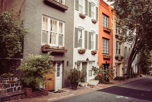 Colorful line of townhouses in Georgetown, Washington DC stock photo