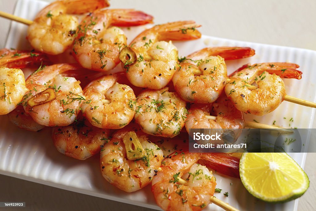 Spicy shrimps Spisy shrimps fried on skewers Shrimp - Seafood Stock Photo