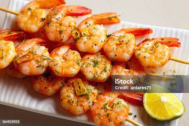 Spicy Shrimps Stock Photo - Download Image Now - Shrimp - Seafood, Skewer, Garlic