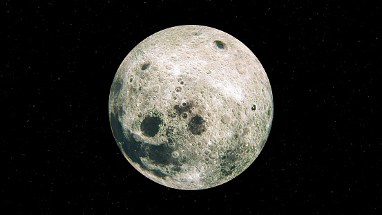 Earth rises above lunar horizon with huge meteor craters.  Elements of this image furnished by NASA.