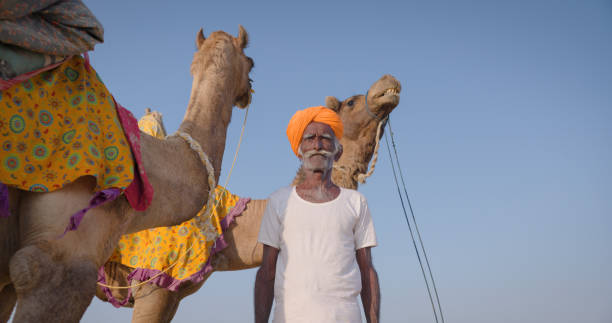 istock Indian man posing with camels on sand dunes, Rajasthan, India 1649253519
