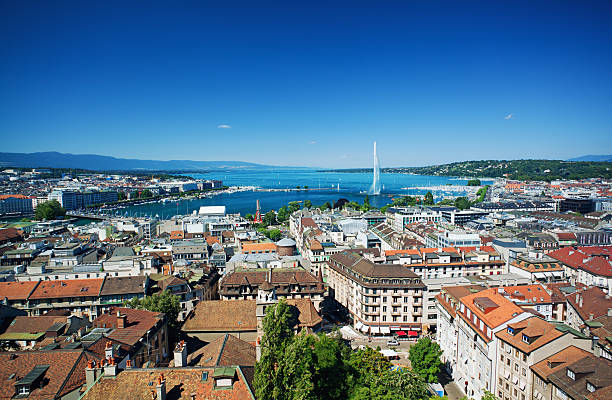 Aerial view of the city of Geneva and its cityscape Aerial view of Geneva from the bell tower of St. Pierre Cathedral geneva switzerland photos stock pictures, royalty-free photos & images