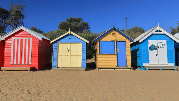 istock Partial row of the 82 brightly painted Victorian bathing boxes on Dendy Street Beach, Brighton suburb. Melbourne-Australia-897 1649261108
