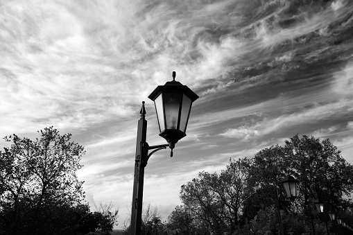 Black and white photo of a street lamp in the city park