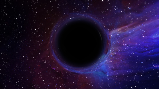 3D rendering of a supermassive black hole, in the foreground against a galaxy and starry sky