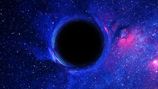 3D rendering of a supermassive black hole, in the foreground against a galaxy and starry sky