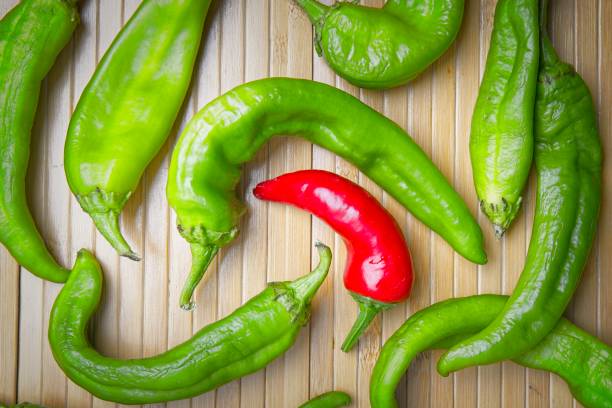 istock Flat lay of red pepper surrounded by green peppers. 1649294570