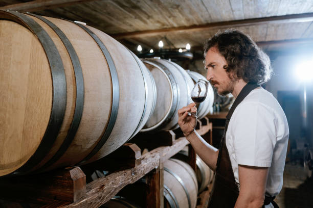 istock Winemaker tasting wine in a cellar with wooden barrels 1649296740