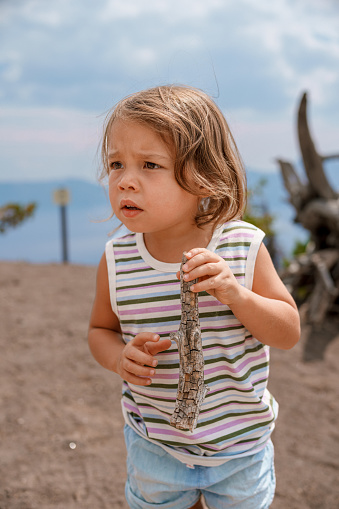A cute multiracial three year old girl holds a stick and looks curiously around while on a hike with her family. It is warm and sunny and the girl is squinting.