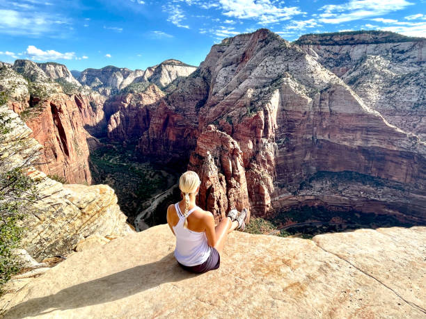 Utah's Angels Landing Views from the top of Utah's Zion's National Park hike called Angels Landing. Amazing views with red rocks large canyons and blue skys zion river stock pictures, royalty-free photos & images