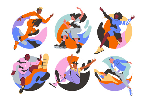 Energetic people run and jump set. Happy free young characters lead active lifestyle, set goals and new heights. Adrenaline, enthusiasm and sport. Cartoon flat vector isolated on white background