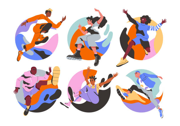 Energetic people run and jump vector set Energetic people run and jump set. Happy free young characters lead active lifestyle, set goals and new heights. Adrenaline, enthusiasm and sport. Cartoon flat vector isolated on white background cartoon of the physical fitness stock illustrations