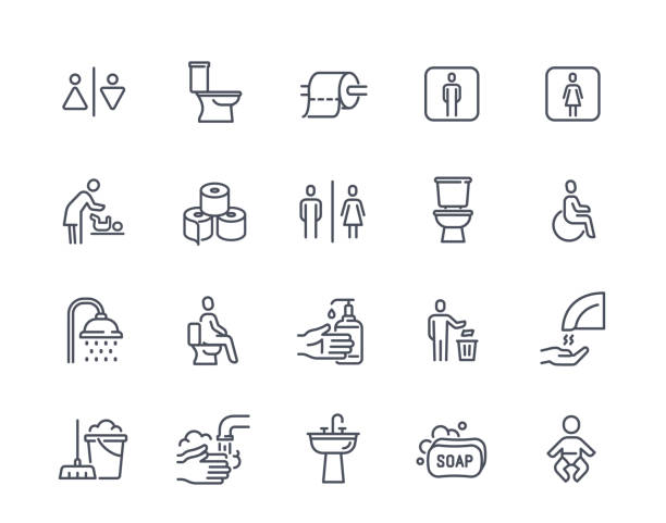 Toilet and WC icons set vector Toilet and WC icons set. Outline signs and symbols with women and men restroom, baby changing room, dryer and soap. Hygiene and sanitation. Linear flat vector collection isolated on white background throwing in the towel illustrations stock illustrations