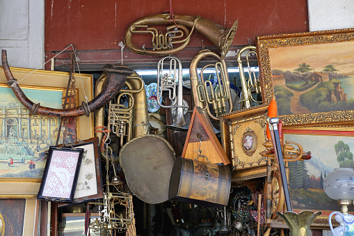 Athens, Greece - May 04, 2015: Antiques Store Second Hand Knick Knack Shop at Central Market in Capital City Centre.