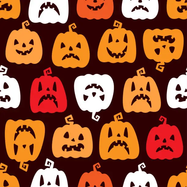 Vector illustration of Small colorful halloween pumpkins isolated on dark background. Cute festive seamless pattern. Vector simple flat graphic illustration. Texture.