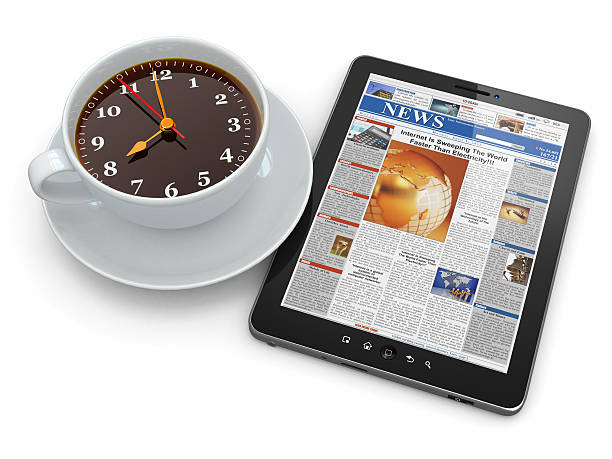 istock Morning news. Tablet pc  and clock as cup of coffee 164939088