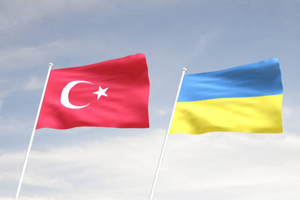 istock Flags of TURKEY  and UKRAINE with cloudy blue sky background, WAR 3D rendering 1649404222
