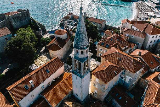 istock Budva old town looking magnificent from this aerial view and captured with a drone 1649405821