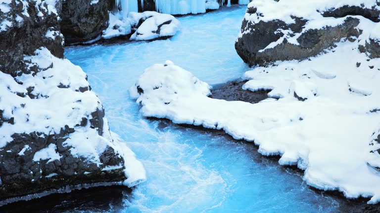 Canyon River with Pure Turquoise Glacier Water, Unusual Mountain Nature Landscape in Iceland