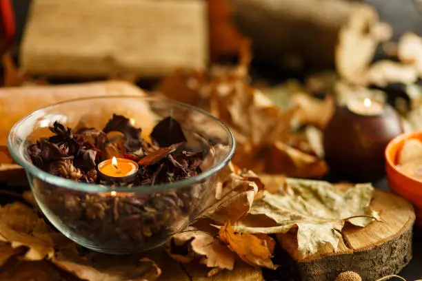 A bowl with scented potpourri and a small tea candle burning in the middle.