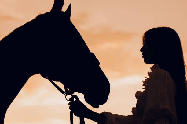 istock Woman silhouette with her horse at outdoors ranch 1649526420