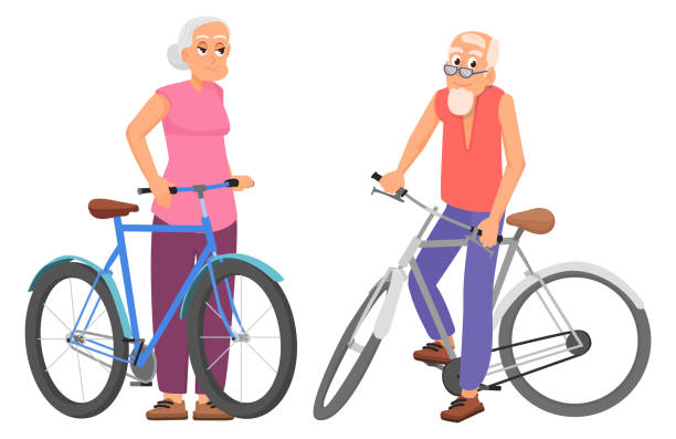 自転車に乗った幸せな先輩たち。白い背景に古いアクティブなカップルのキャラクター - document lifestyles senior couple female点のイラスト素材／クリップアート素材／マンガ素材／アイコン素材