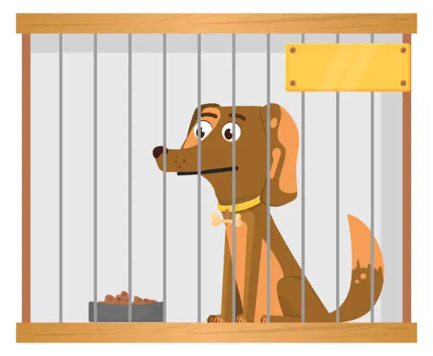 Vector illustration of Homeless puppy in metal cage. Cartoon dog shelter isolated on white