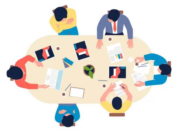 Vector illustration of Team working together top view. People collaborate