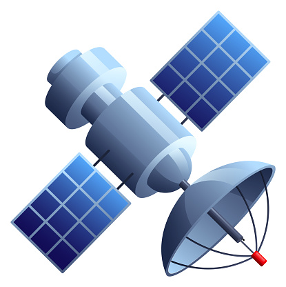 Space satellite cartoon icon. Shuttle with solar panels and antenna isolated on white background