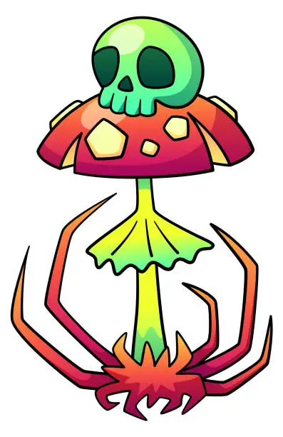 Vector illustration of Deadly mushroom. Red amanita with skull. Poison fungus