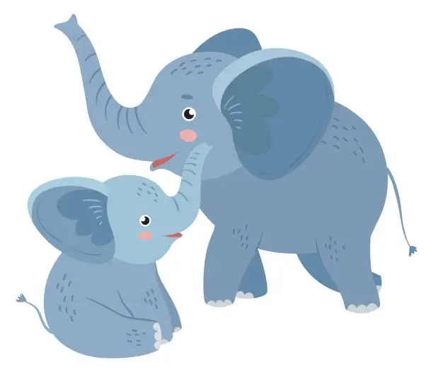 Vector illustration of Elephant playing with baby. Cute animal. Funny characters