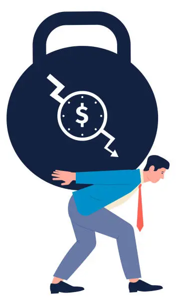 Vector illustration of Financial failure. Heavy weight debt. Bankrupcy concept