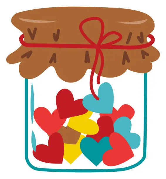 Vector illustration of Glass jar with heart candy. Romantic holiday sweets