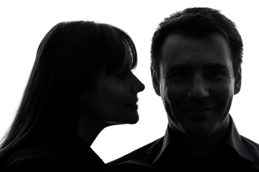 one caucasian couple woman man close up portrait  in silhouette studio on white background
