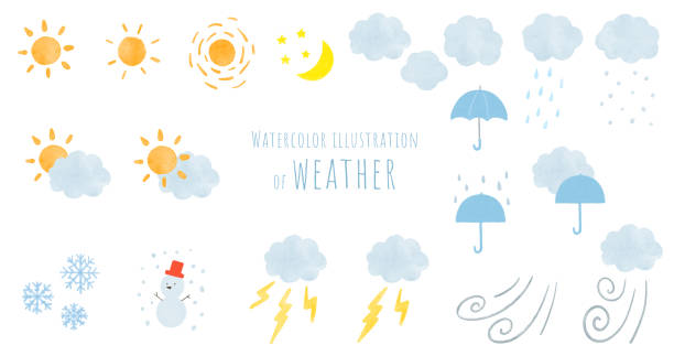 zestaw akwareli reprezentuje pogodę słońca i chmur, takich jak słoneczna lub pochmurna, deszcz, śnieg, grzmoty itp. - weather climate cyclone icon set stock illustrations