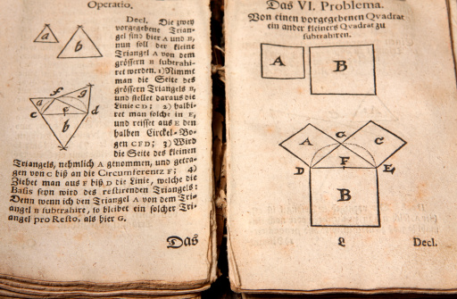 Mathematics  textbook from 1743 year, geometry problem, Pythagorean theorem