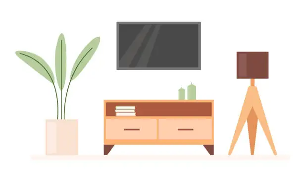 Vector illustration of TV zone in living room with plant and lamp. Cozy modern interior with candles and books in minimalistic cartoon style