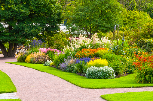 Beautiful urban garden with a flower garden and a lawn. Wide photo.