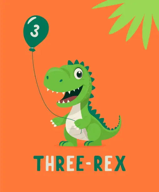 Vector illustration of Dinosaur Tirannosaur Three Rex. Cartoon Tirex. Happy Birthday Card for a Child for Three Years. Vector Cute and Funny Cartoon Hand Drawn Dinosaur Holding Balloon. Kids, Children s Illustration, Print