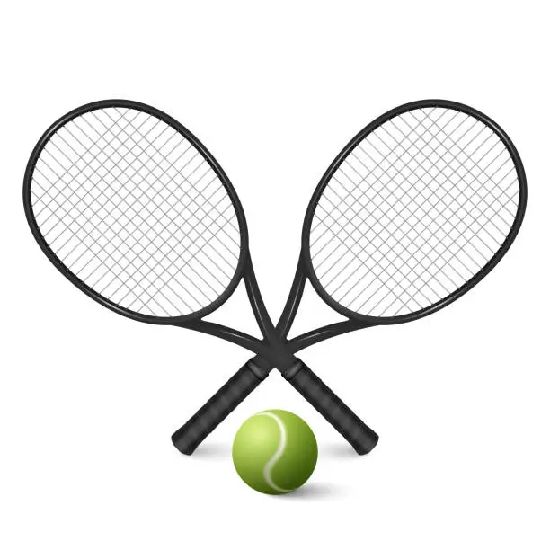 Vector illustration of Vector 3d Realistic Tennis Ball and Crossed Rackets Closeup Isolated on White Background. Design Templates, Tennis Sports Equipment